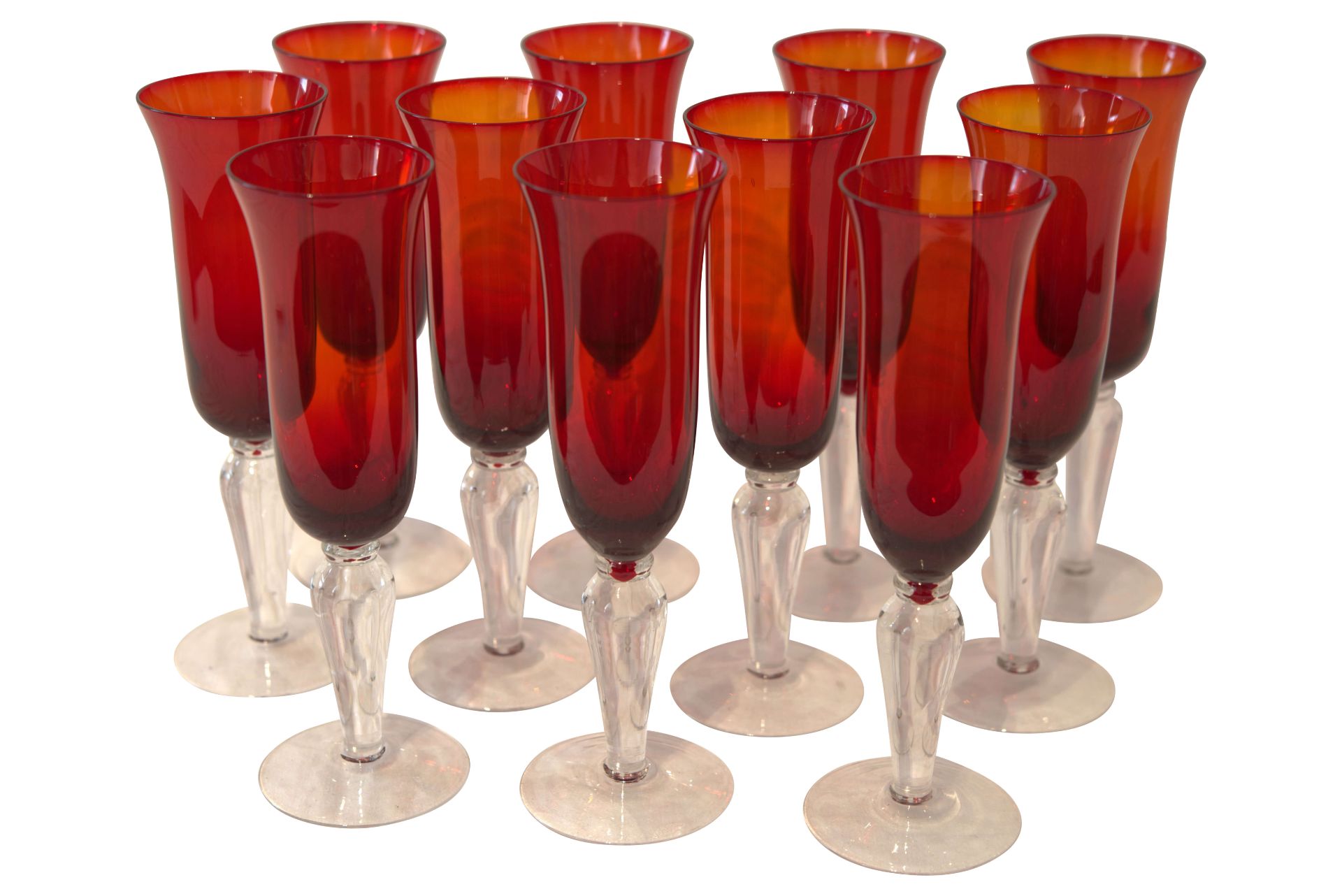 11 langstielige Gläser rotes und weißes Glas | 11 Long Stem Glasses Red and White Glass