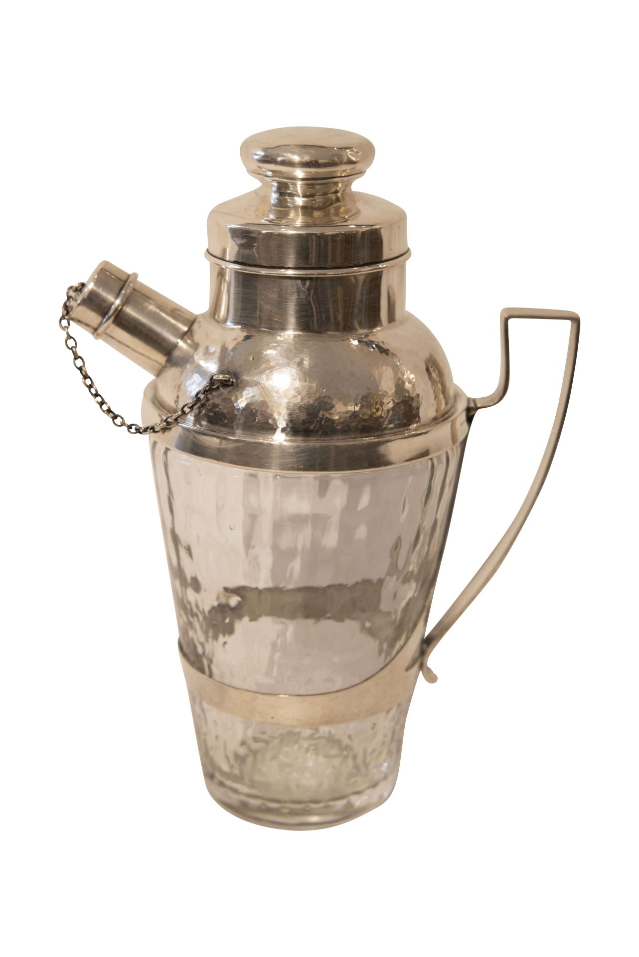 Shaker mit Ausguss und Deckel sowie Silber-Griff und Glasflasche | Shaker with Spout and Lid, Silver