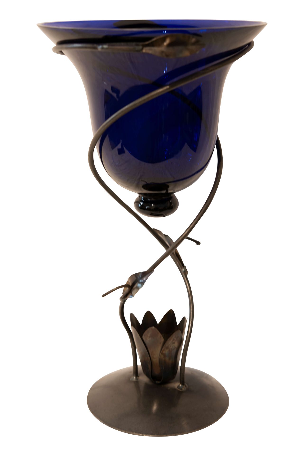 Metall Gestell mit Kobaltblauem Glaseinsatz  | Metal Frame with Cobalt Blue Glass Bowl - Bild 2 aus 5