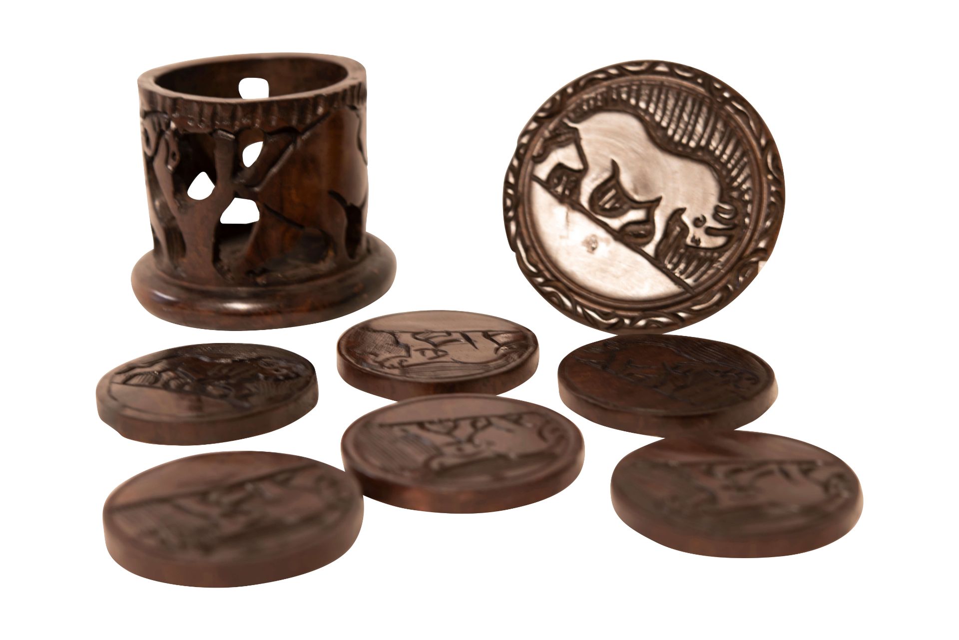 Holzdose mit Deckel, darin 6 Getränkeuntersetzer aus Holz, Tiermotive afrikanisch geschnitzt | Woode - Bild 4 aus 5
