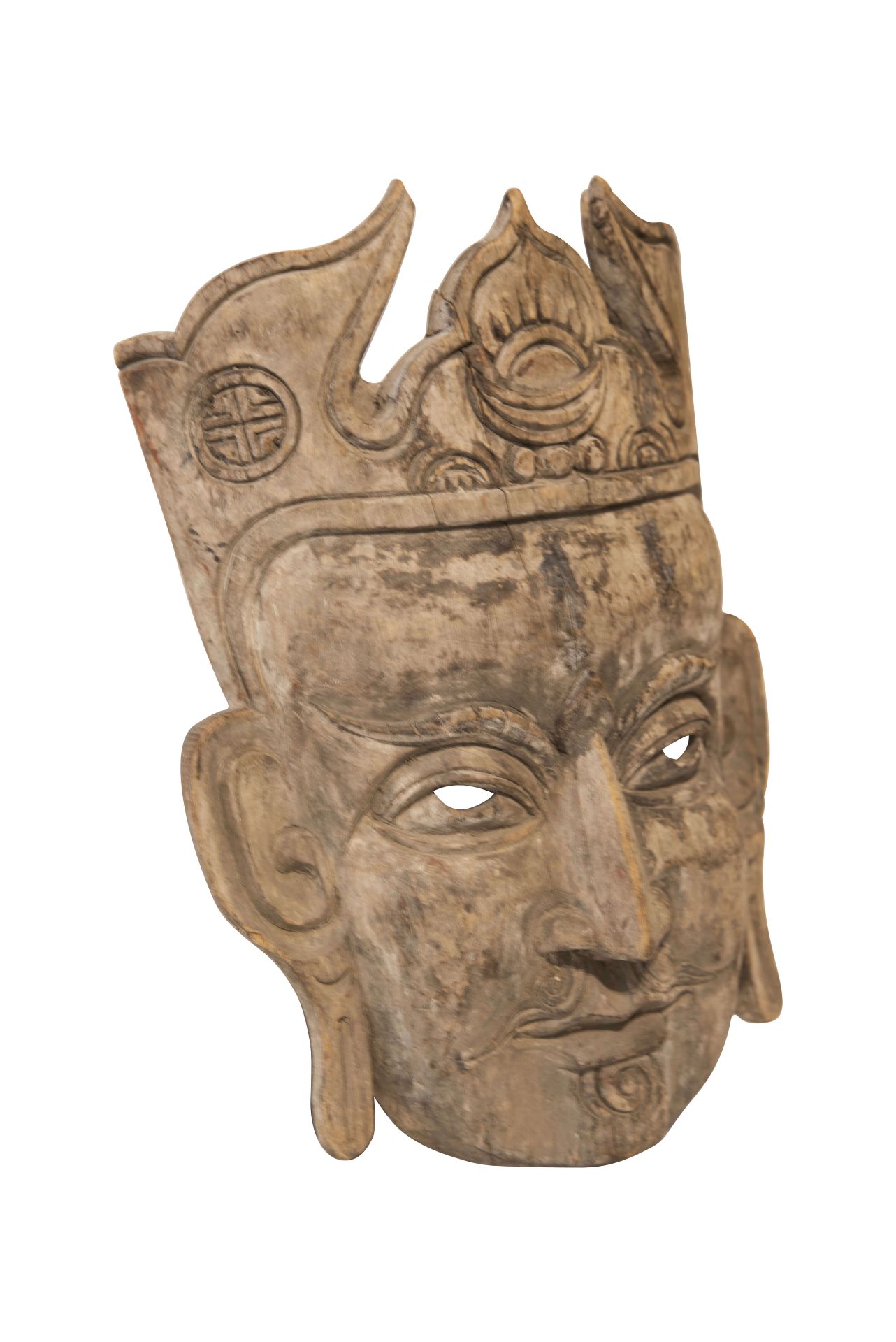 Geschnitzte Holzmaske mit Rissen Buddha | Buddha, Carved Wooden Mask with Cracks - Image 2 of 5