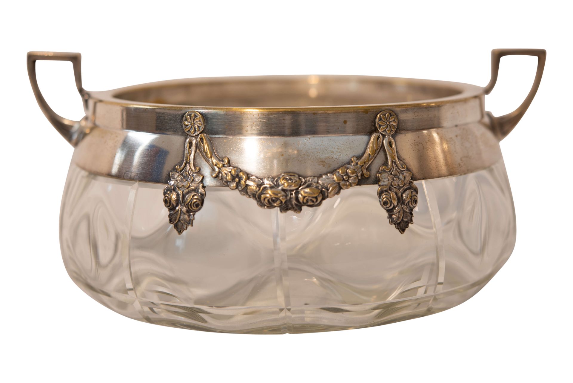 Kristallschale mit Versilbertem Oberteil und zwei Henkeln | Crystal Bowl with Silver Plated Top and 