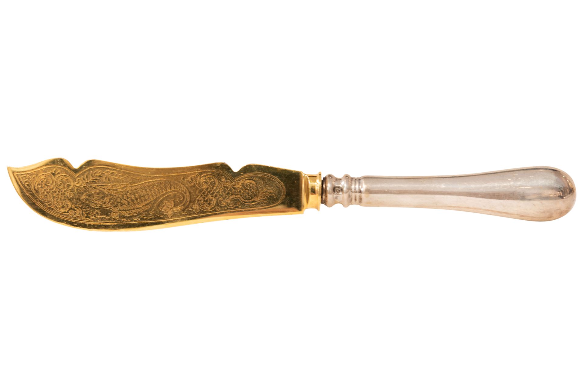 Fischbesteck, Silber und Vergoldung, 800, Damaskin, Österreich, Wien, |Fish Cutlery, Silver and Gild - Image 4 of 5