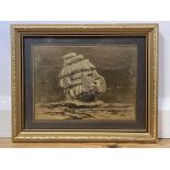 NAUTICAL PAINTING DRAWING WOODEN FRAME SHIP BOAT GALLEON UNSIGNED VINTAGE ART