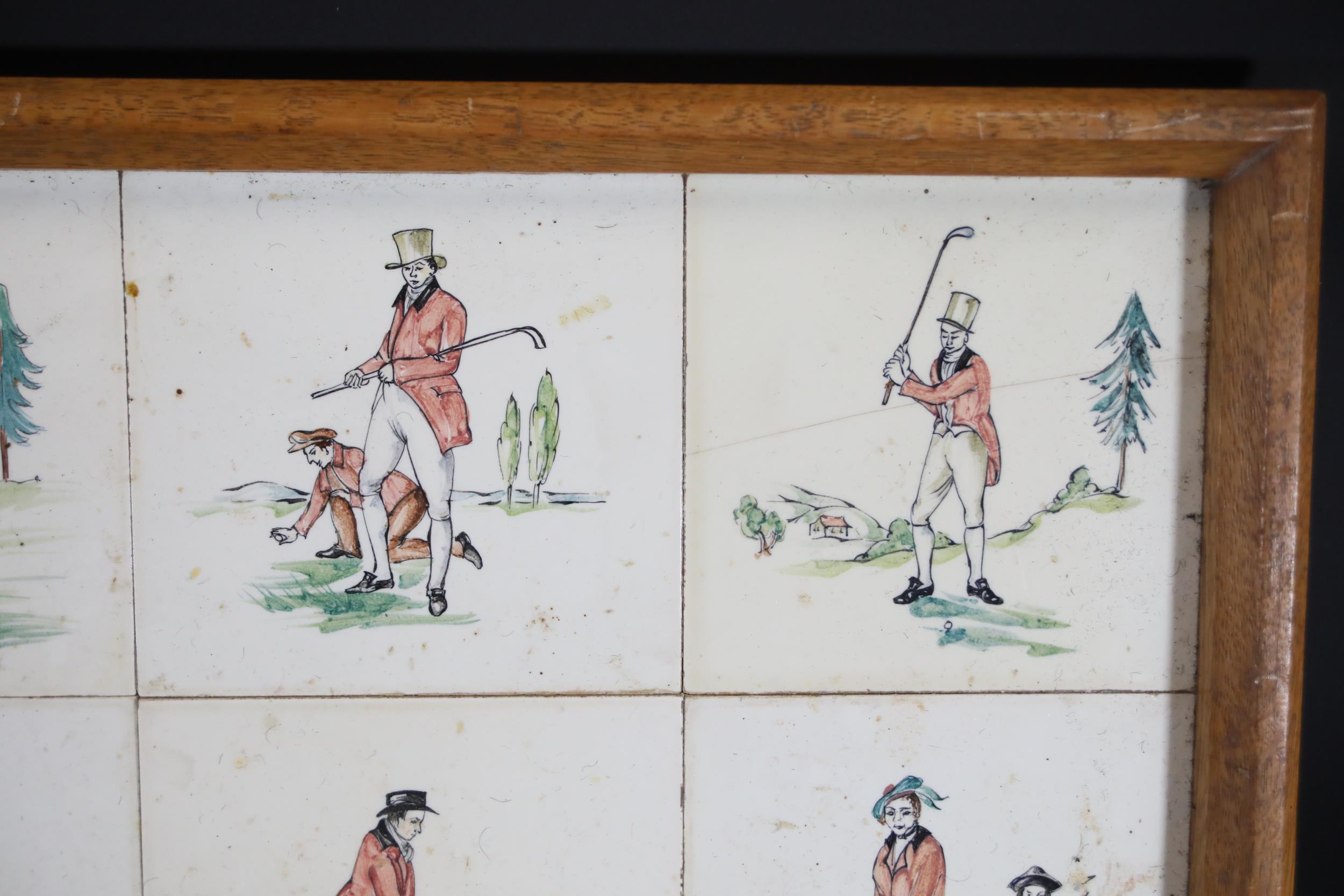 Victorian Tiles of Golf Scenes in a Wooden Tray - Image 4 of 9