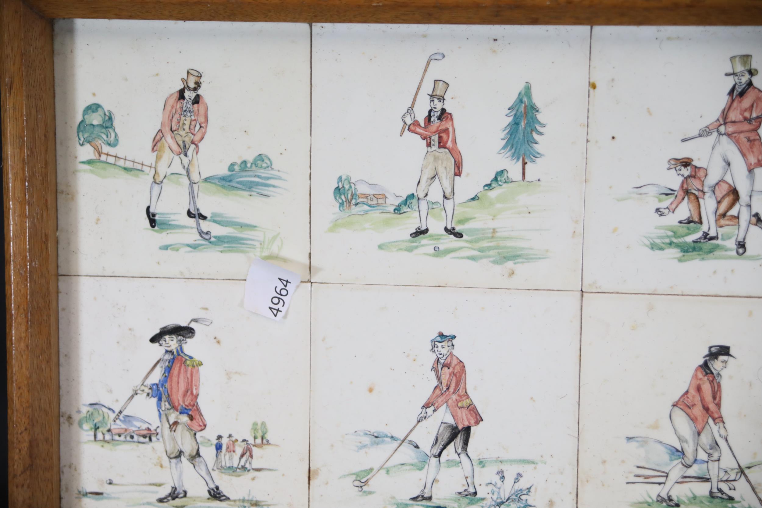 Victorian Tiles of Golf Scenes in a Wooden Tray - Image 7 of 9