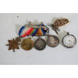 Group of WW1 Medals with Silver Pocket Watch