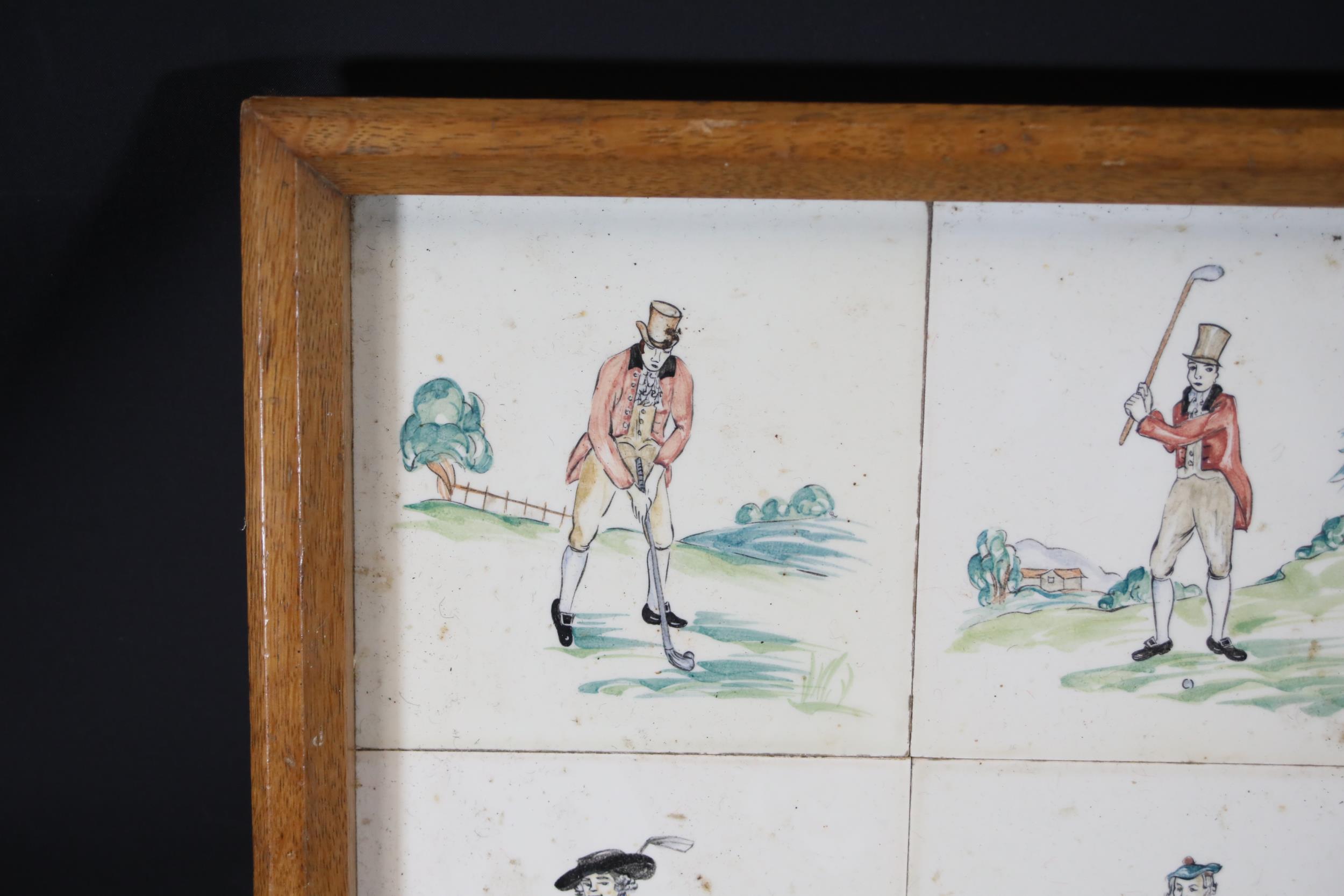 Victorian Tiles of Golf Scenes in a Wooden Tray - Image 2 of 9