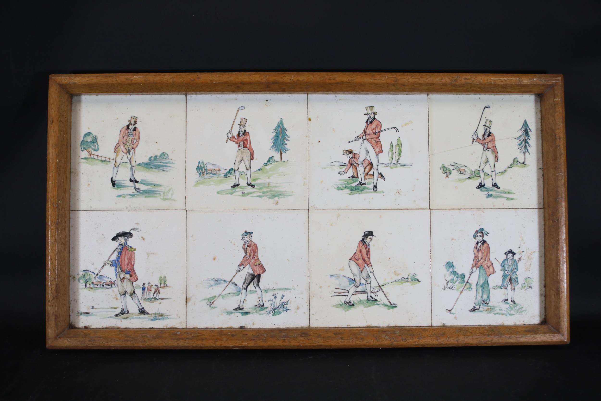 Victorian Tiles of Golf Scenes in a Wooden Tray - Image 8 of 9