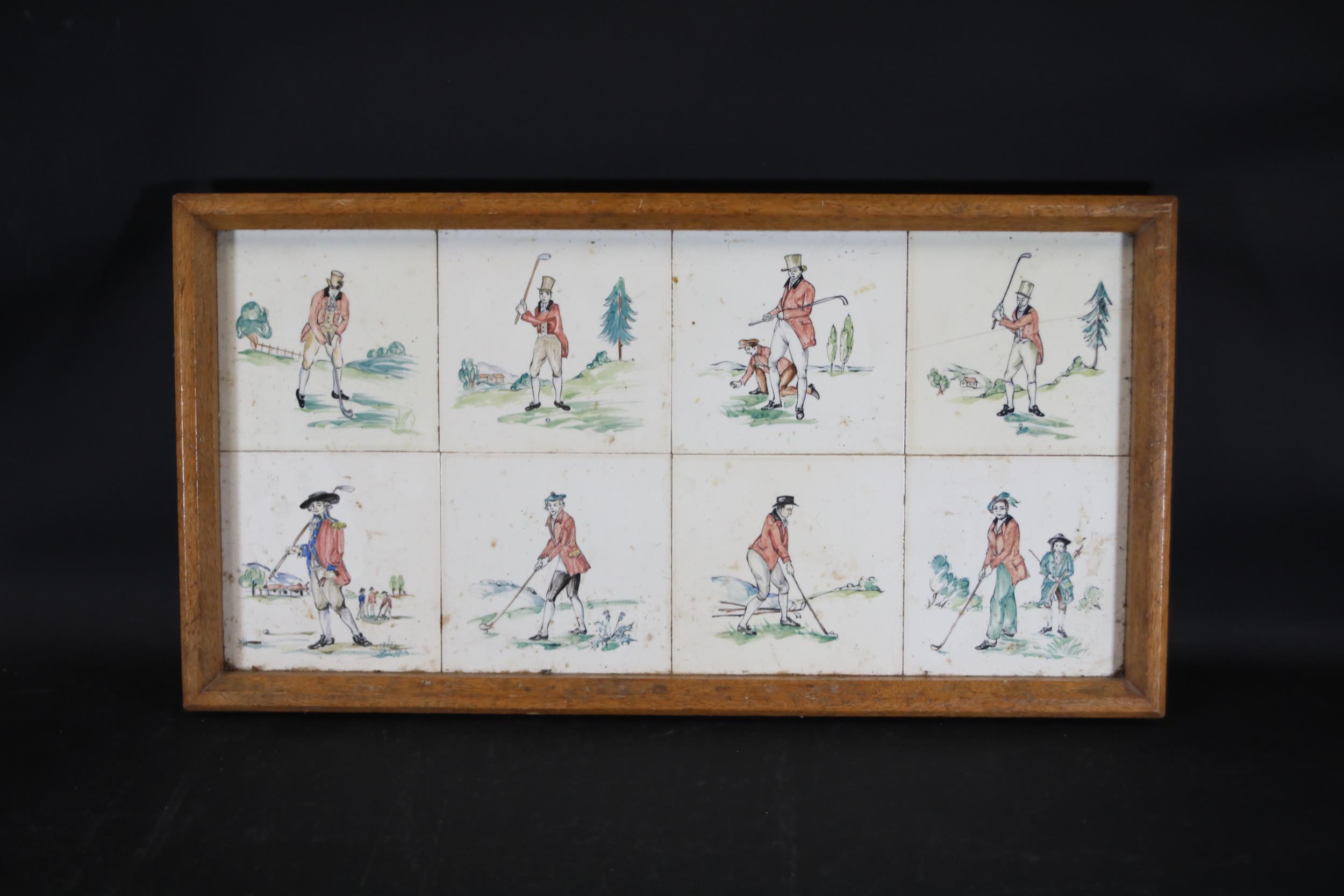 Victorian Tiles of Golf Scenes in a Wooden Tray