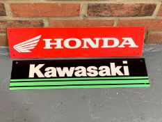 Two Metal Honda and Kawasaki Signs