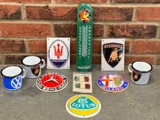 Three Modern Enamel Mugs and Six Enamel Badges and Thermometer (10)