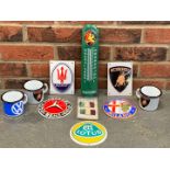 Three Modern Enamel Mugs and Six Enamel Badges and Thermometer (10)