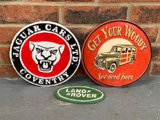 Two Cast Iron Jaguar and Land Rover Signs and Tin Woody Sign (3)