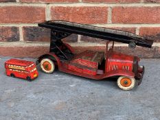 Vintage Tin Plate Clockwork Fire Engine and Double Decker Bus (2)