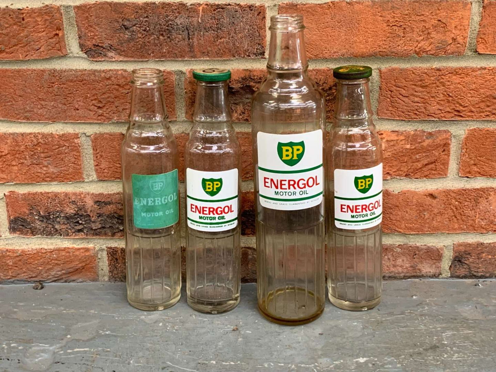 Four BP Energol Glass Motor Oil Bottles