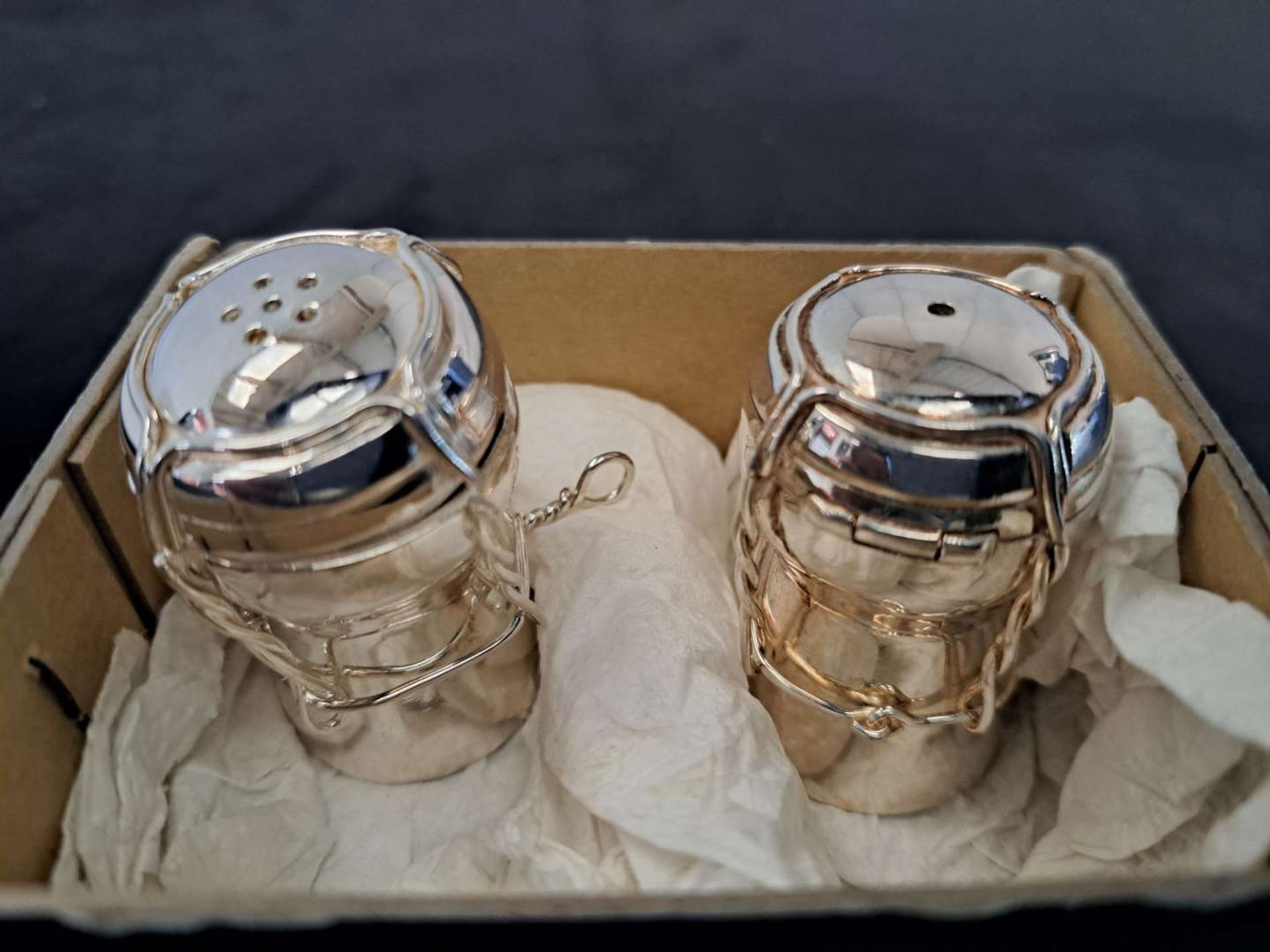 Silver “champagne corks” salt and pepper pots - Image 2 of 3