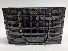 Chanel vintage quilted patent chocolate bar tote