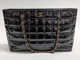 Chanel vintage quilted patent chocolate bar tote