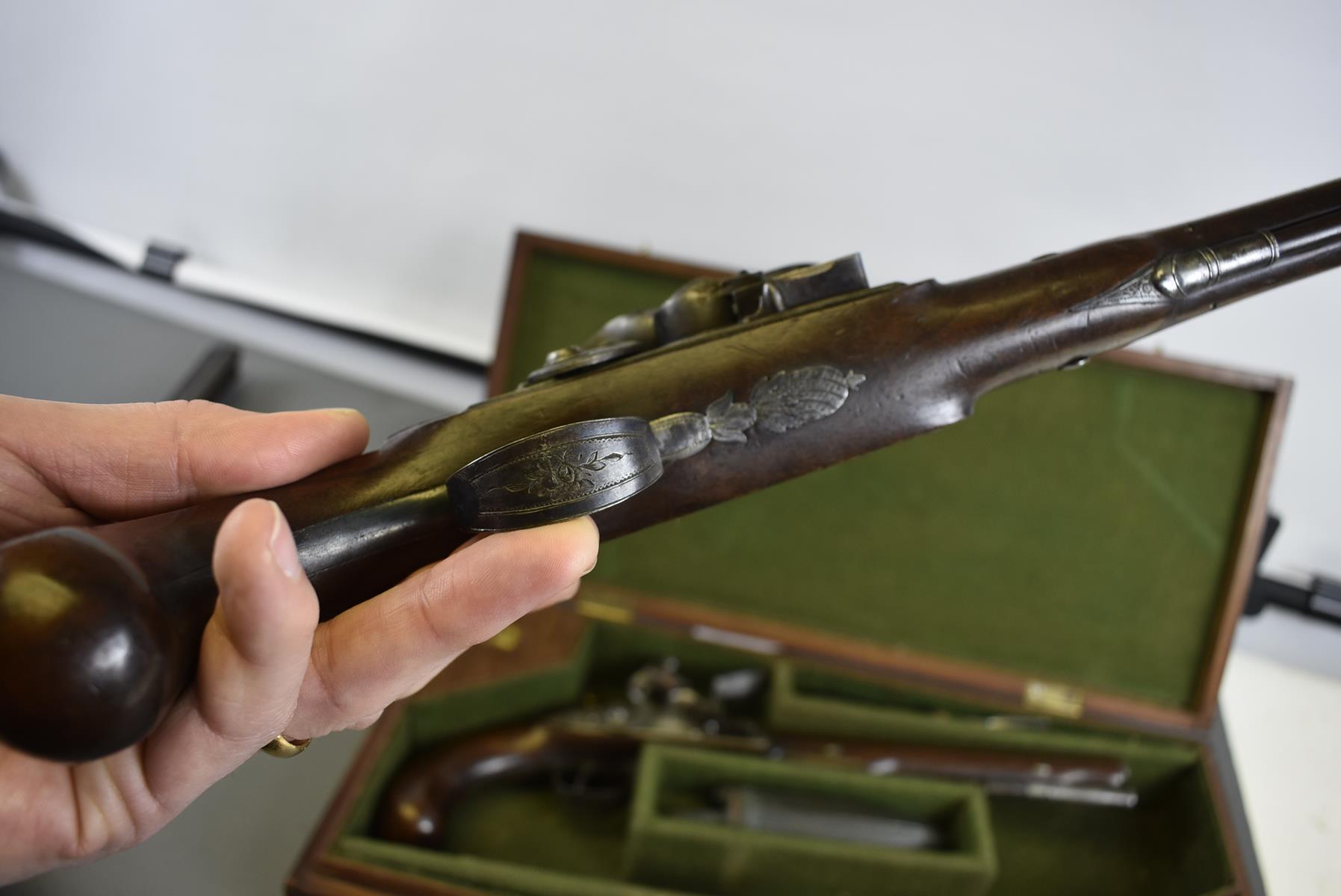 A CASED PAIR OF 18TH CENTURY 28-BORE FLINTLOCK DUELLING PISTOLS BY HARRISON & THOMSON, 9.5inch - Image 20 of 26