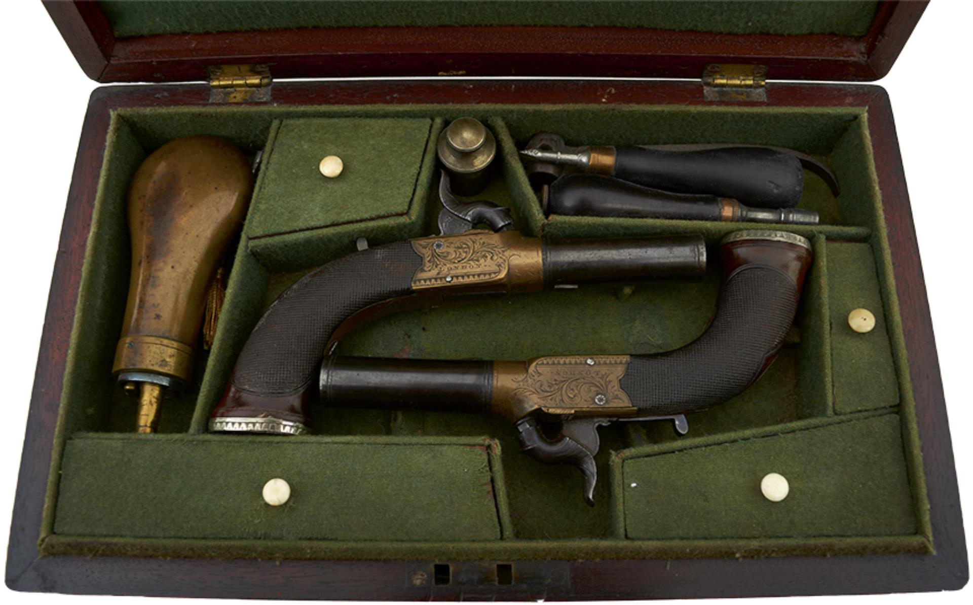 A CASED PAIR OF BRASS FRAMED PERCUSSION BOXLOCK POCKET PISTOLS BY PARKER, 2.25inch turn-off