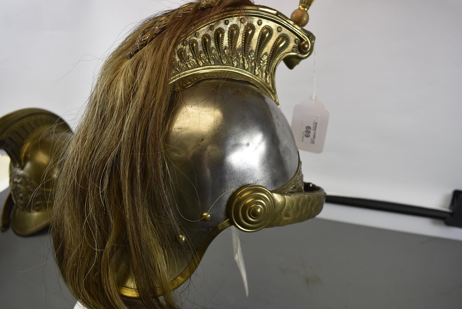 A FRENCH HEAVY CAVALRY TROOPER'S FULL DRESS HELMET. The steel skull embellished with brass fittings, - Image 6 of 9