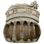 AN 18TH CENTURY CARVED PINE FUNERARY ORNAMENT, carved as a crown, only one fleur de lys remains,