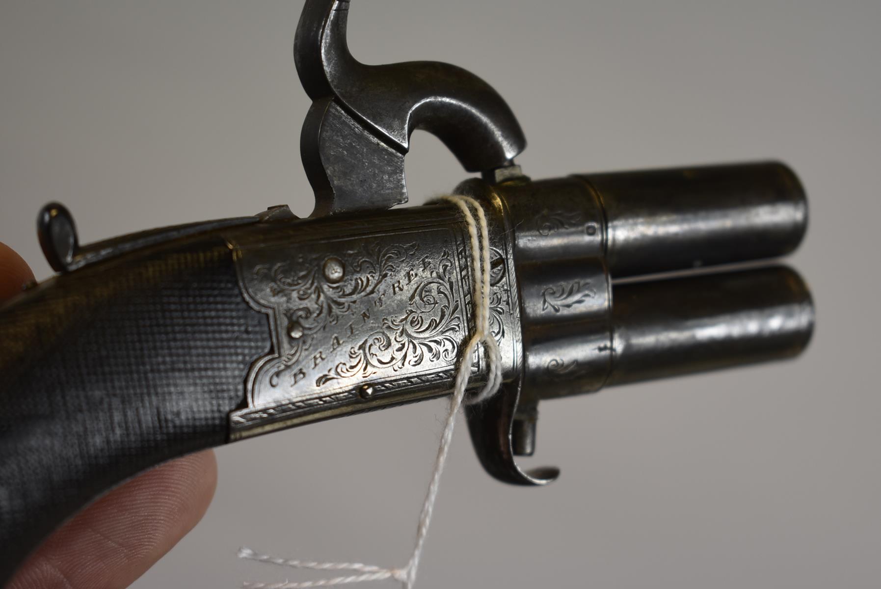 A 120-BORE PERCUSSION TURNOVER BOXLOCK POCKET PISTOL, 1.5inch turn-off barrels with scallop engraved - Image 4 of 8