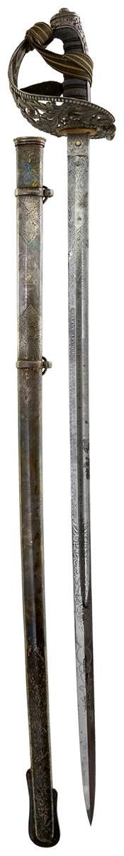 AN ORNATE VOLUNTEER ARTILLERY OFFICER'S SWORD, 82.5cm blade profusely etched with scrolling foliage,