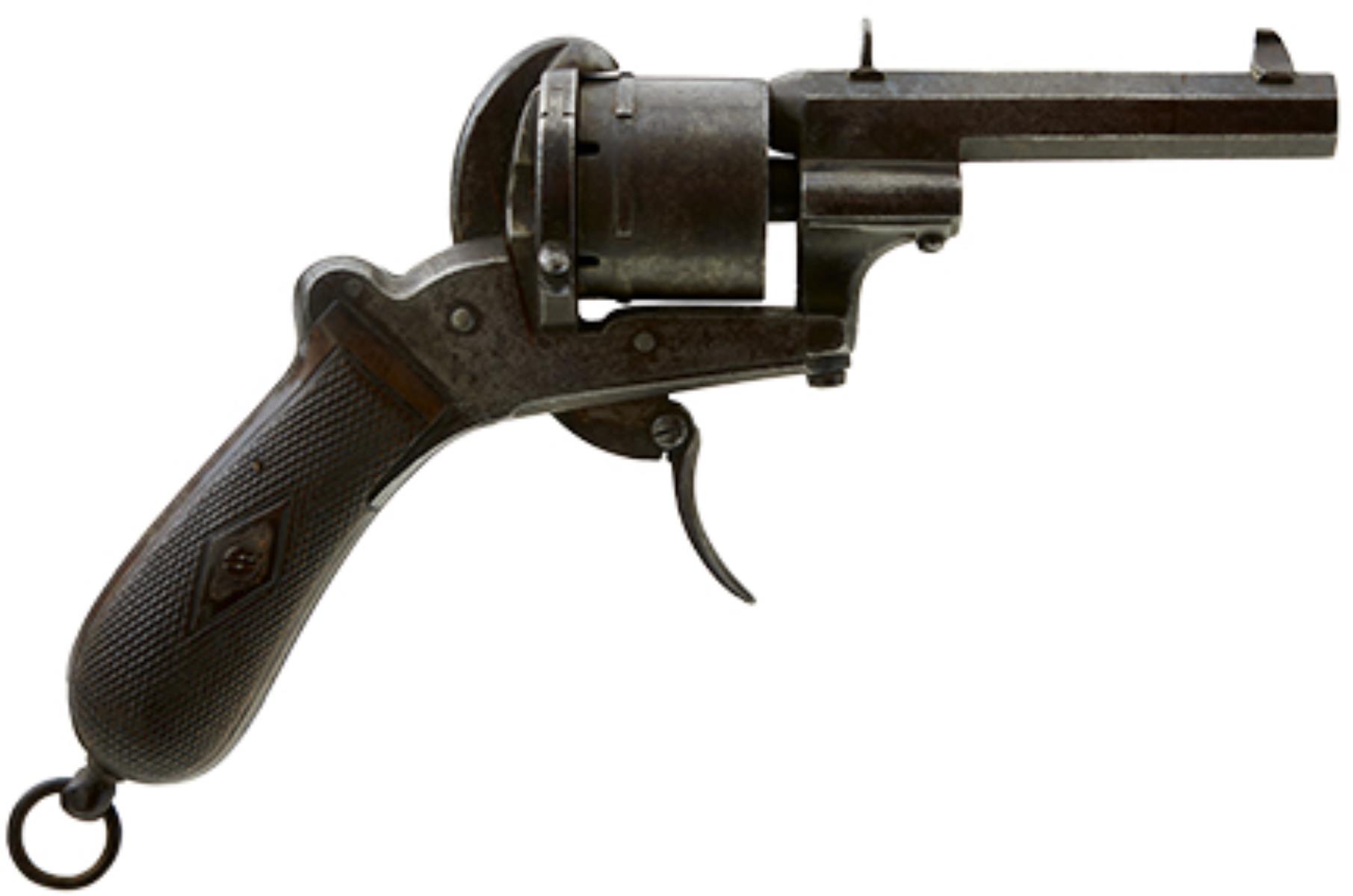 A BELGIAN 9MM SIX-SHOT FRANCOTTE PINFIRE REVOLVER, 3.75inch sighted two-stage barrel, with traces of