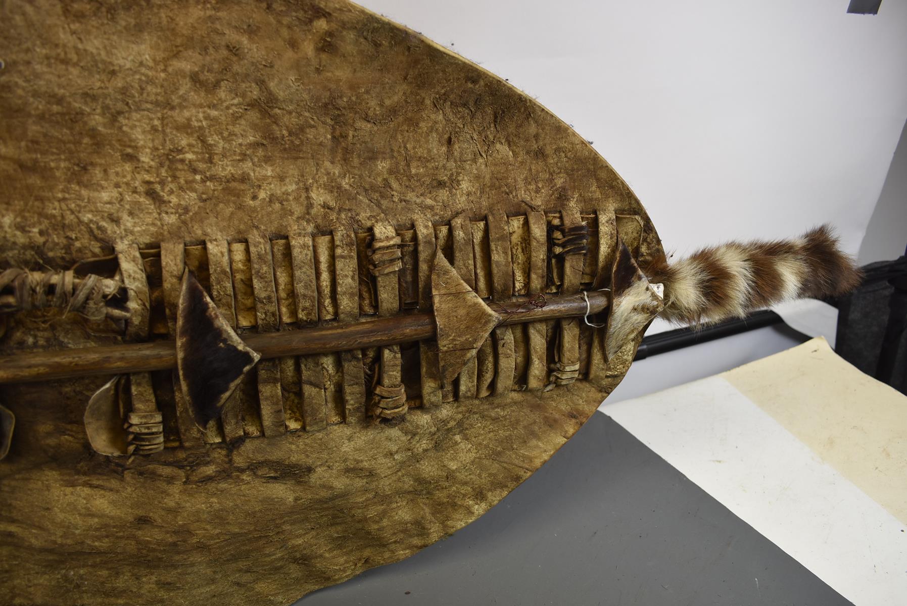 A ZULU HIDE SHIELD, the oval cattle hide shield with rectangular slit decoration to the front with - Image 5 of 8