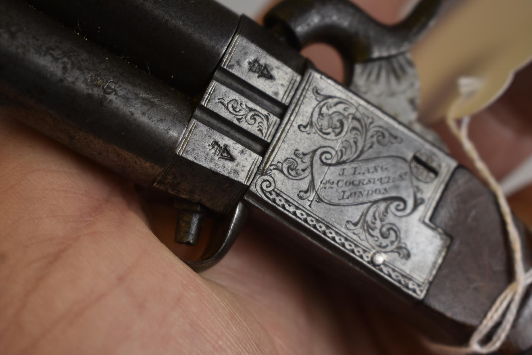 A PAIR OF 80-BORE PERCUSSION BOXLOCK TURNOVER POCKET BELT PISTOLS BY JOSEPH LANG, 1.5inch turn-off - Image 11 of 18