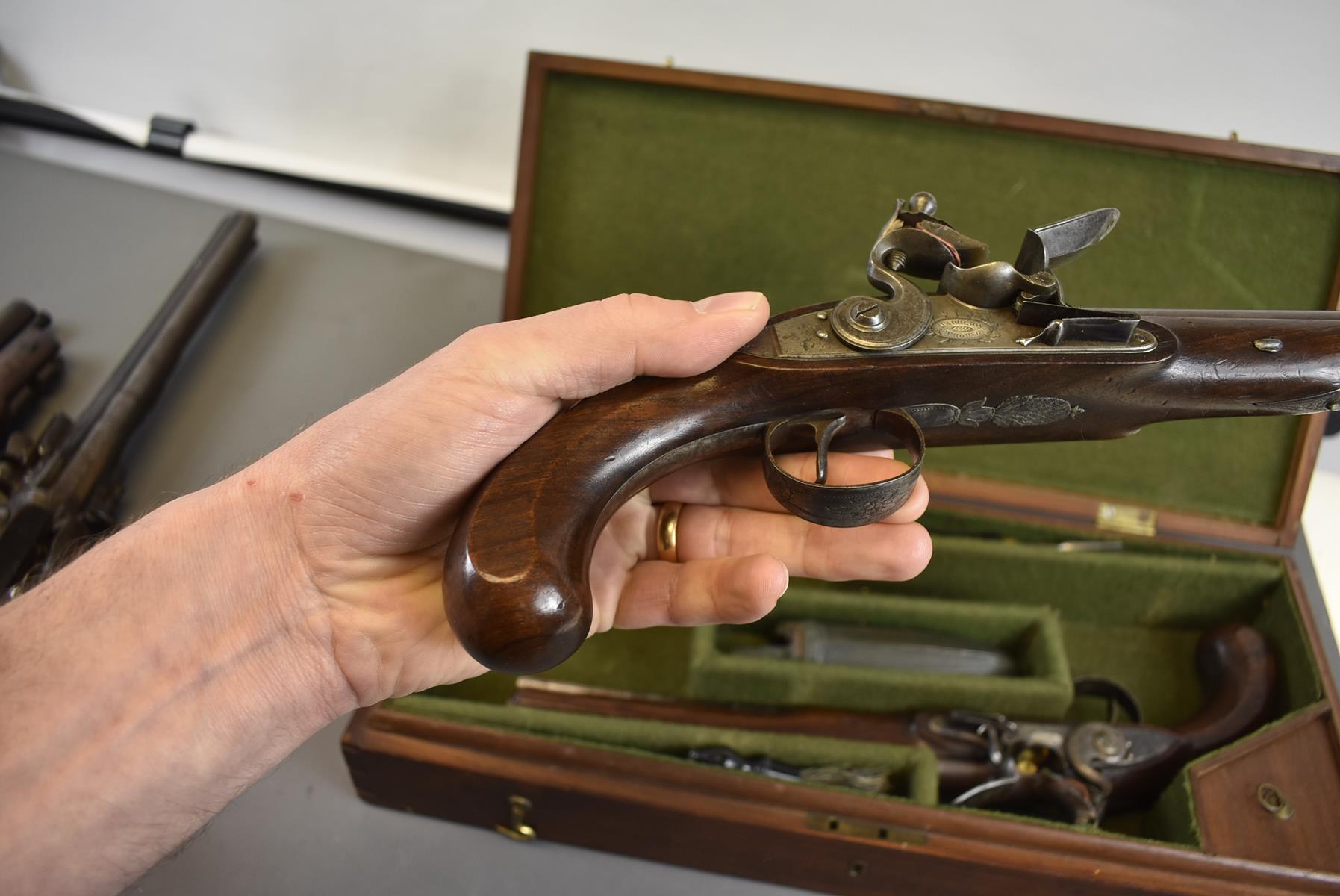 A CASED PAIR OF 18TH CENTURY 28-BORE FLINTLOCK DUELLING PISTOLS BY HARRISON & THOMSON, 9.5inch - Image 11 of 26