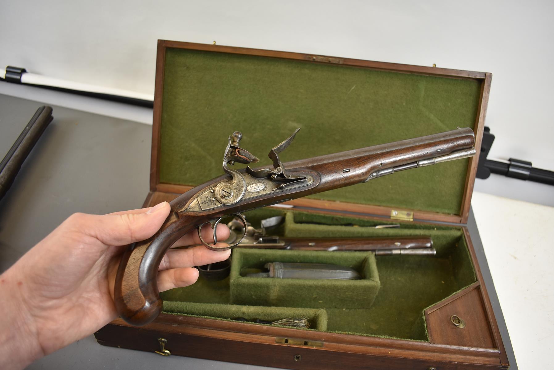 A CASED PAIR OF 18TH CENTURY 28-BORE FLINTLOCK DUELLING PISTOLS BY HARRISON & THOMSON, 9.5inch - Image 16 of 26