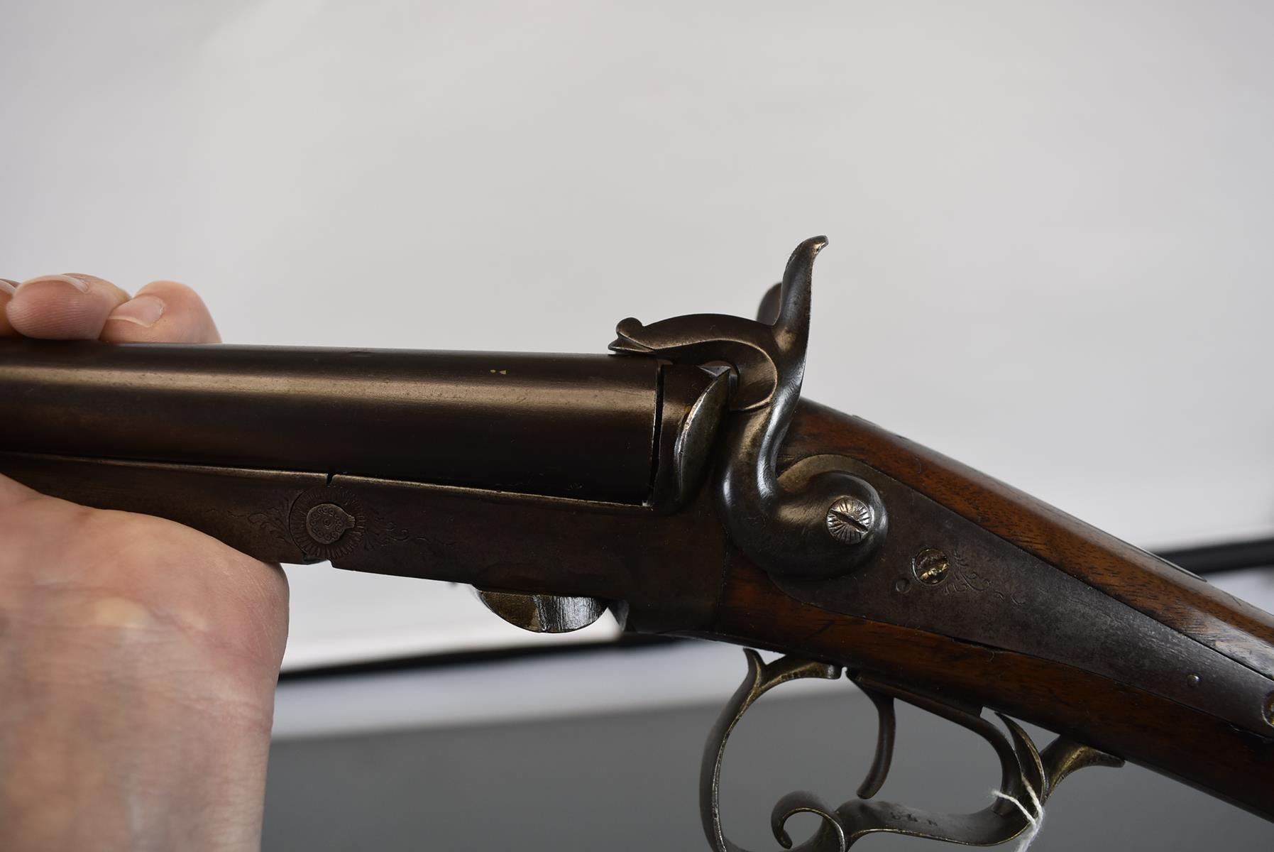 AN 18-BORE DOUBLE BARRELLED PINFIRE SPORTING GUN, 28.25in sighted barrels, scroll engraved back - Image 8 of 8