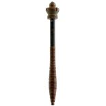 A VICTORIAN CARVED WOOD TIPSTAFF, carved crown finial retaining traces of gilt decoration, painted