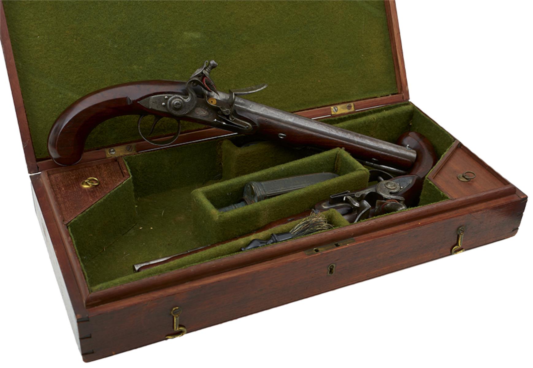 A CASED PAIR OF 18TH CENTURY 28-BORE FLINTLOCK DUELLING PISTOLS BY HARRISON & THOMSON, 9.5inch