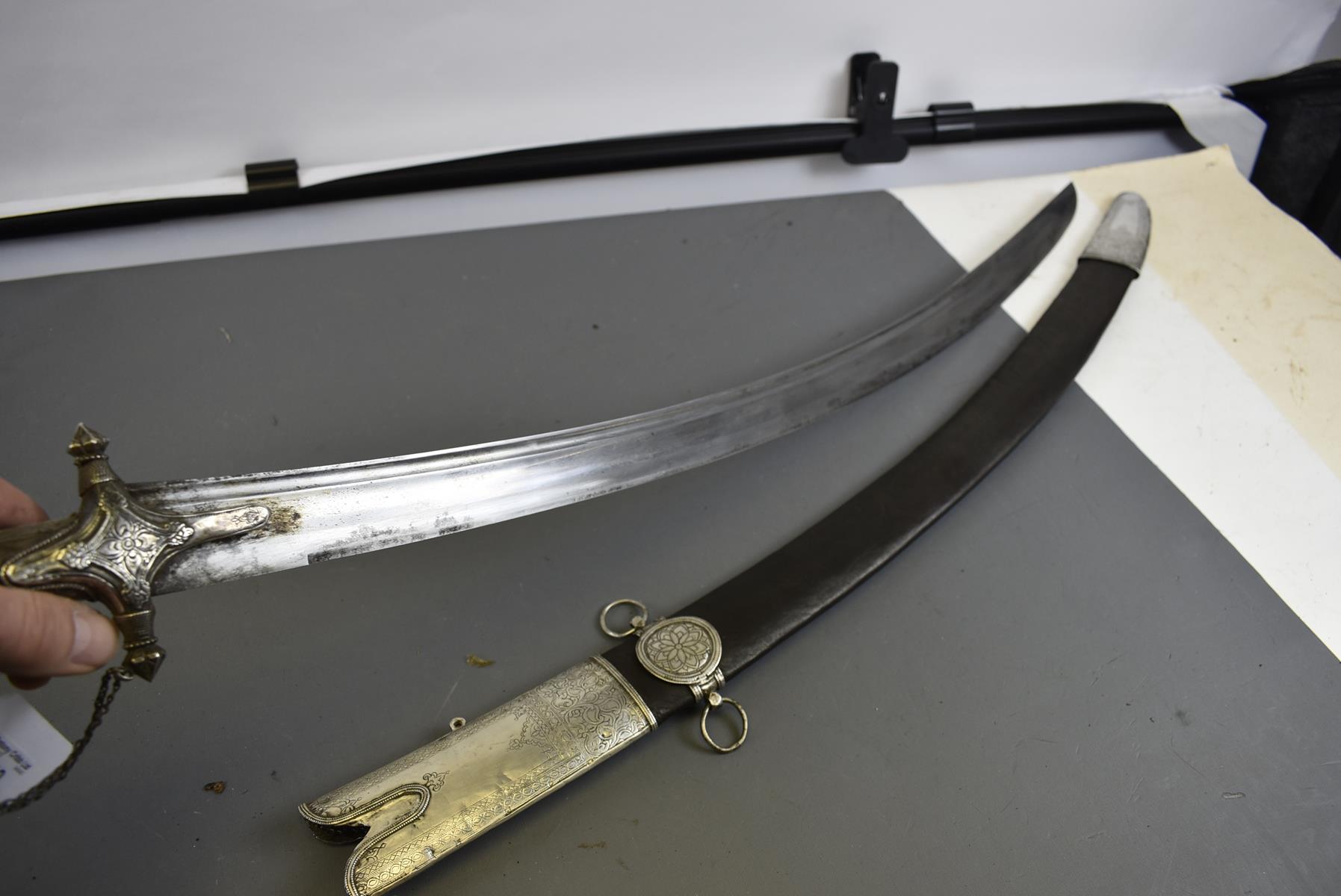 A 19TH CENTURY ARAB SAIF OR SWORD, 75cm double fullered blade, characteristic white metal hilt, - Image 5 of 14