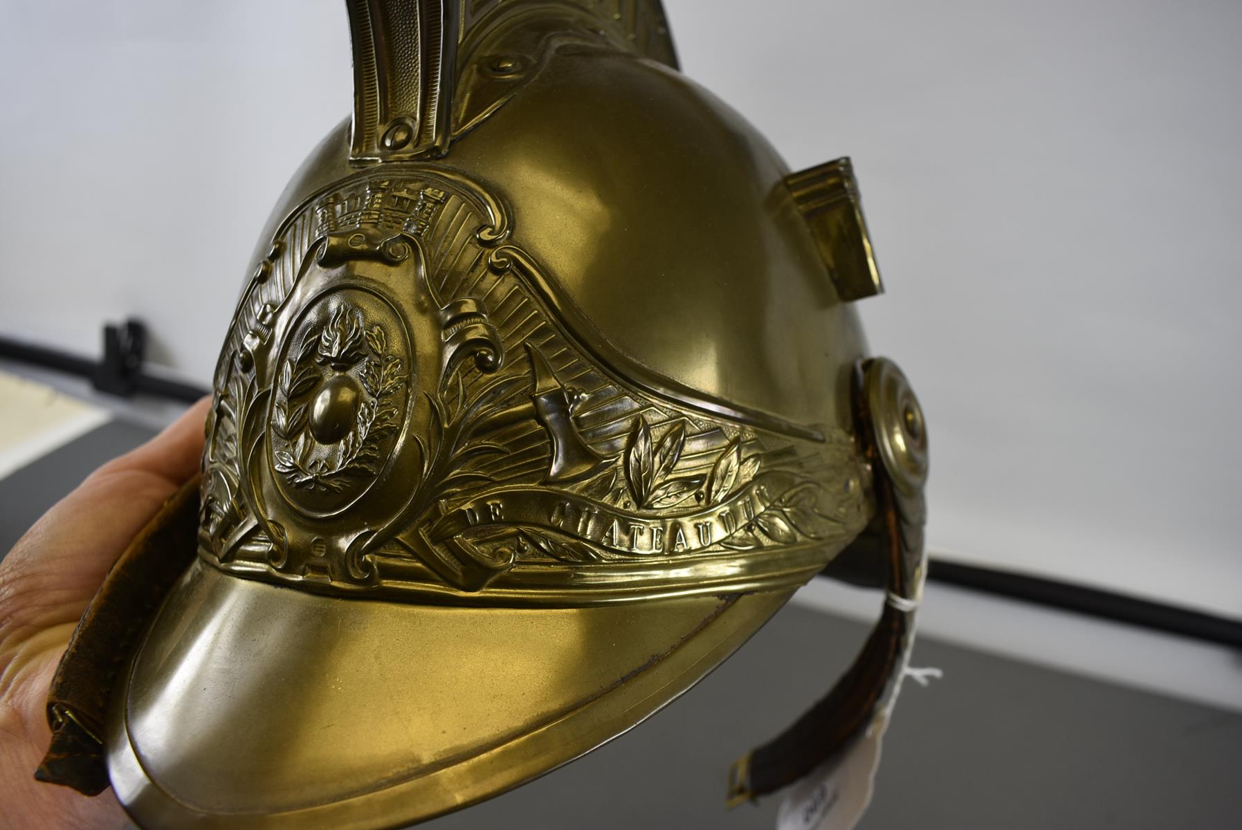 A FRENCH FIREMAN'S HELMET FOR THE CHATEAUDUN SERVICE, A good quality all brass example, raised crest - Image 4 of 8