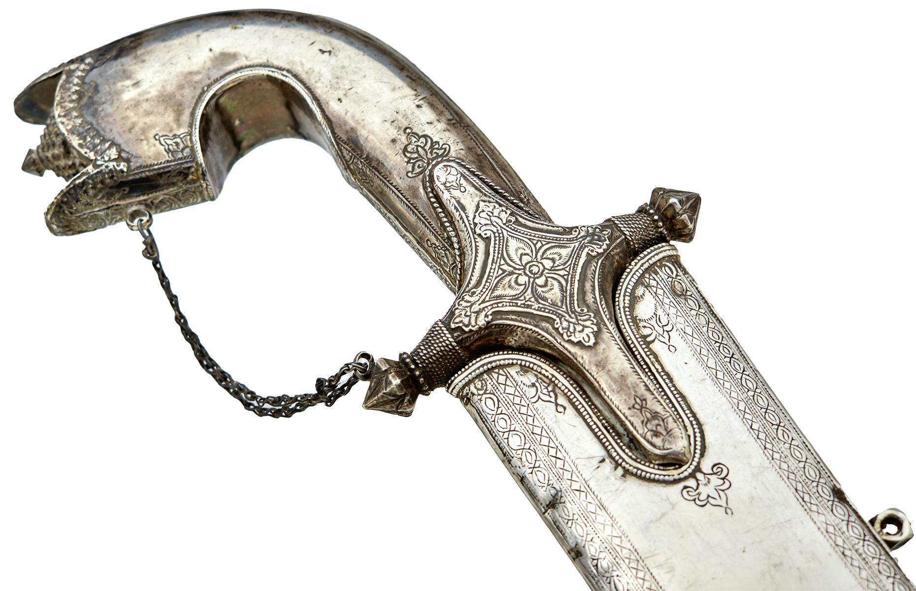A 19TH CENTURY ARAB SAIF OR SWORD, 75cm double fullered blade, characteristic white metal hilt, - Image 3 of 14
