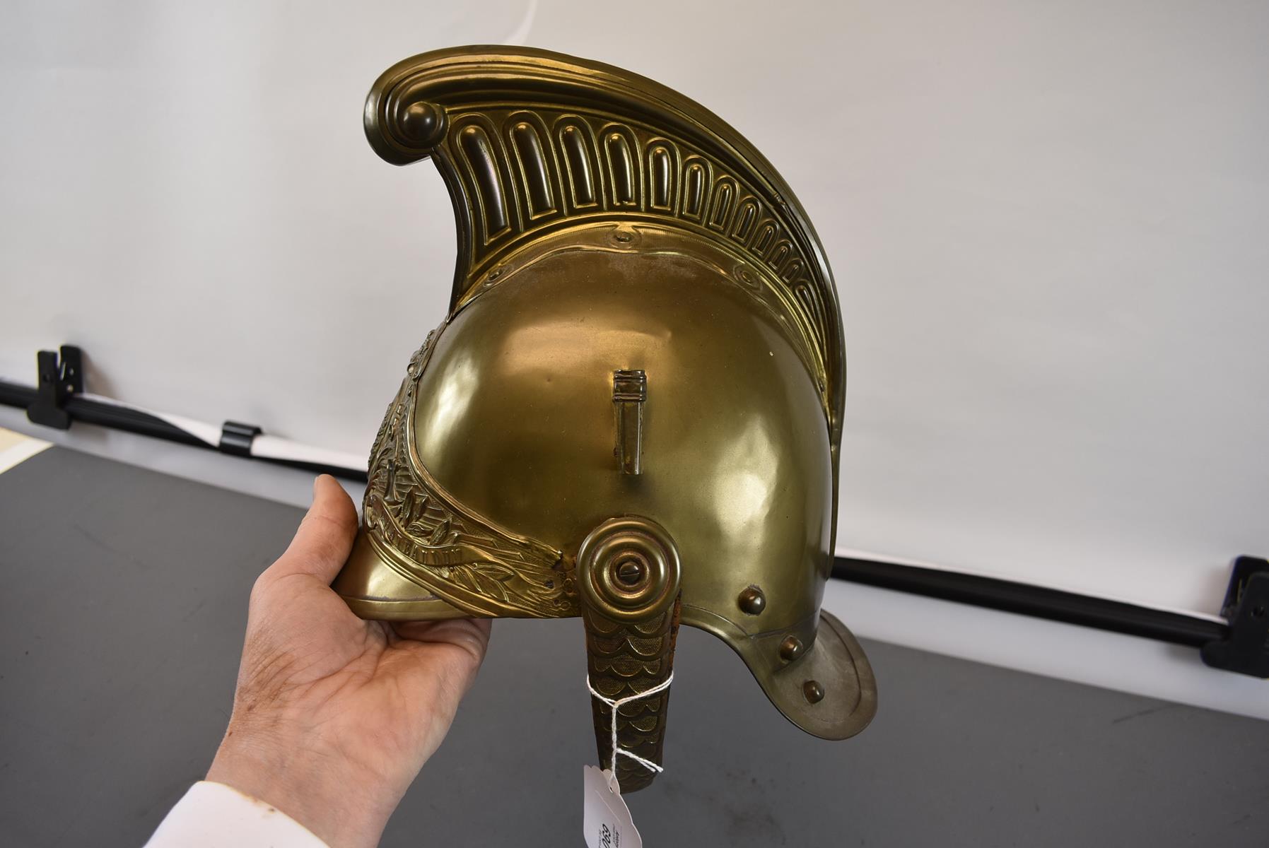 A FRENCH FIREMAN'S HELMET FOR THE CHATEAUDUN SERVICE, A good quality all brass example, raised crest - Image 5 of 8