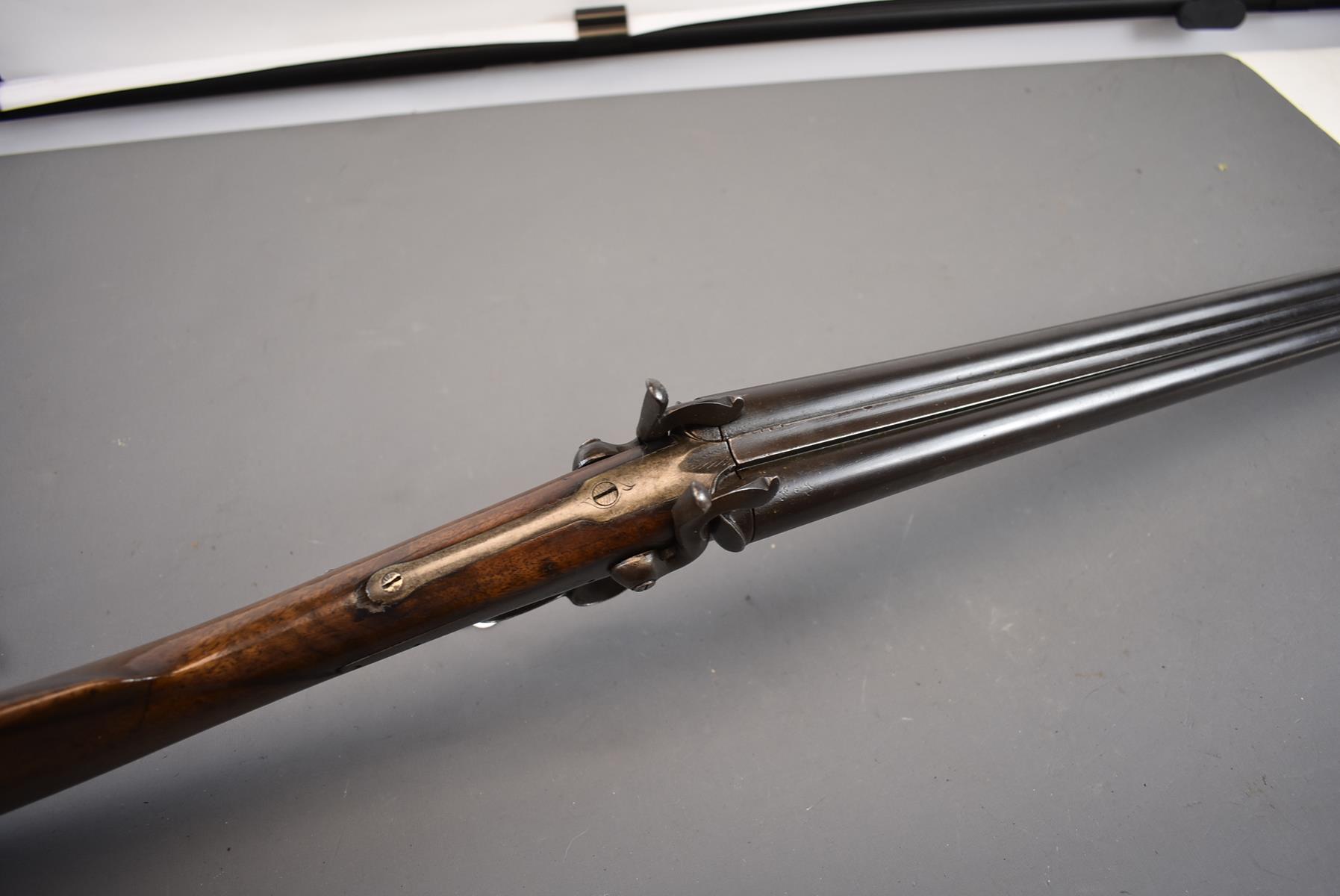 AN 18-BORE DOUBLE BARRELLED PINFIRE SPORTING GUN, 28.25in sighted barrels, scroll engraved back - Image 6 of 8