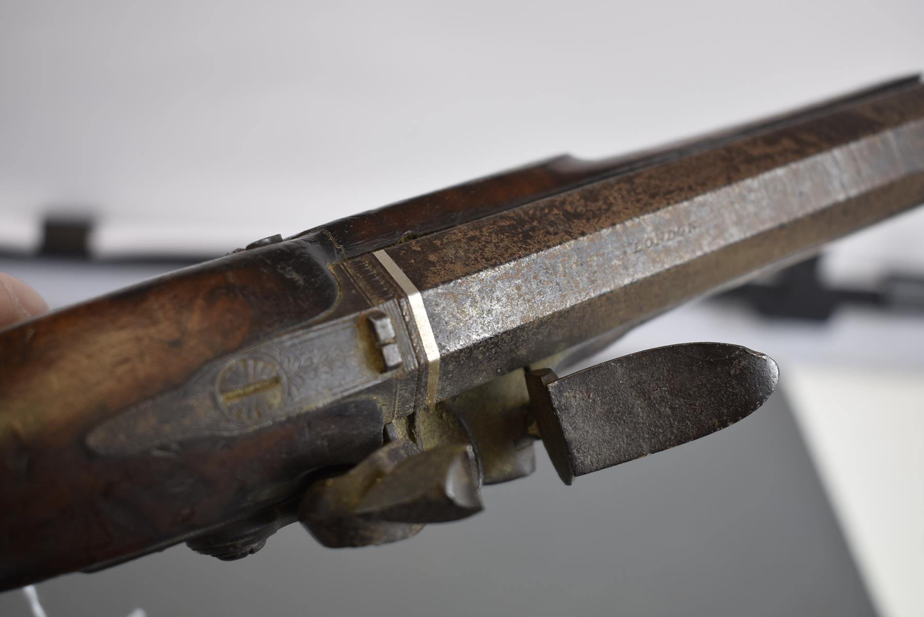 A 16-BORE FLINTLOCK OFFICER'S OR COACHING PISTOL BY MORTIMER, 6inch sighted octagonal damascus - Image 8 of 11