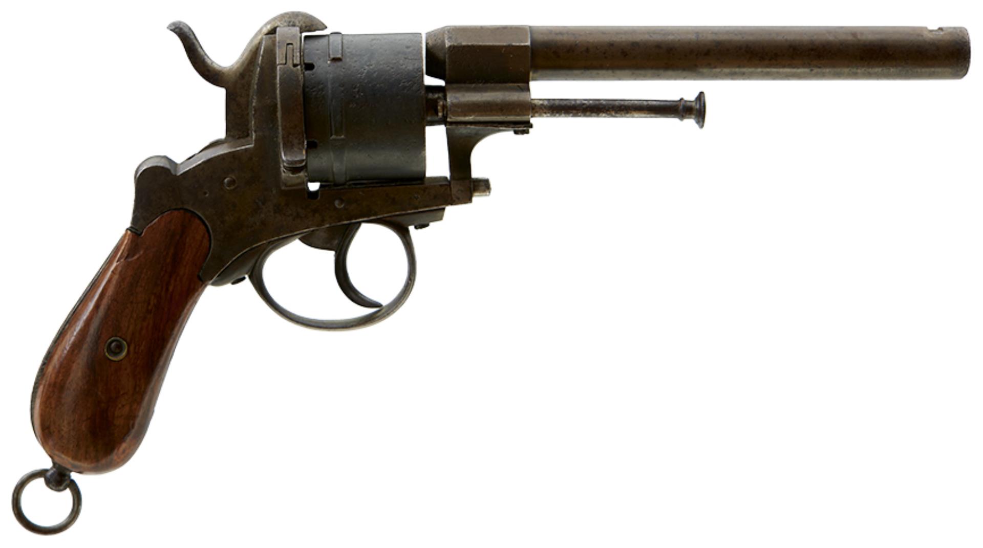 A BELGIAN 12MM SIX-SHOT PERLOT FRERES PINFIRE OFFICER'S REVOLVER, 6.25inch sighted barrel, plain