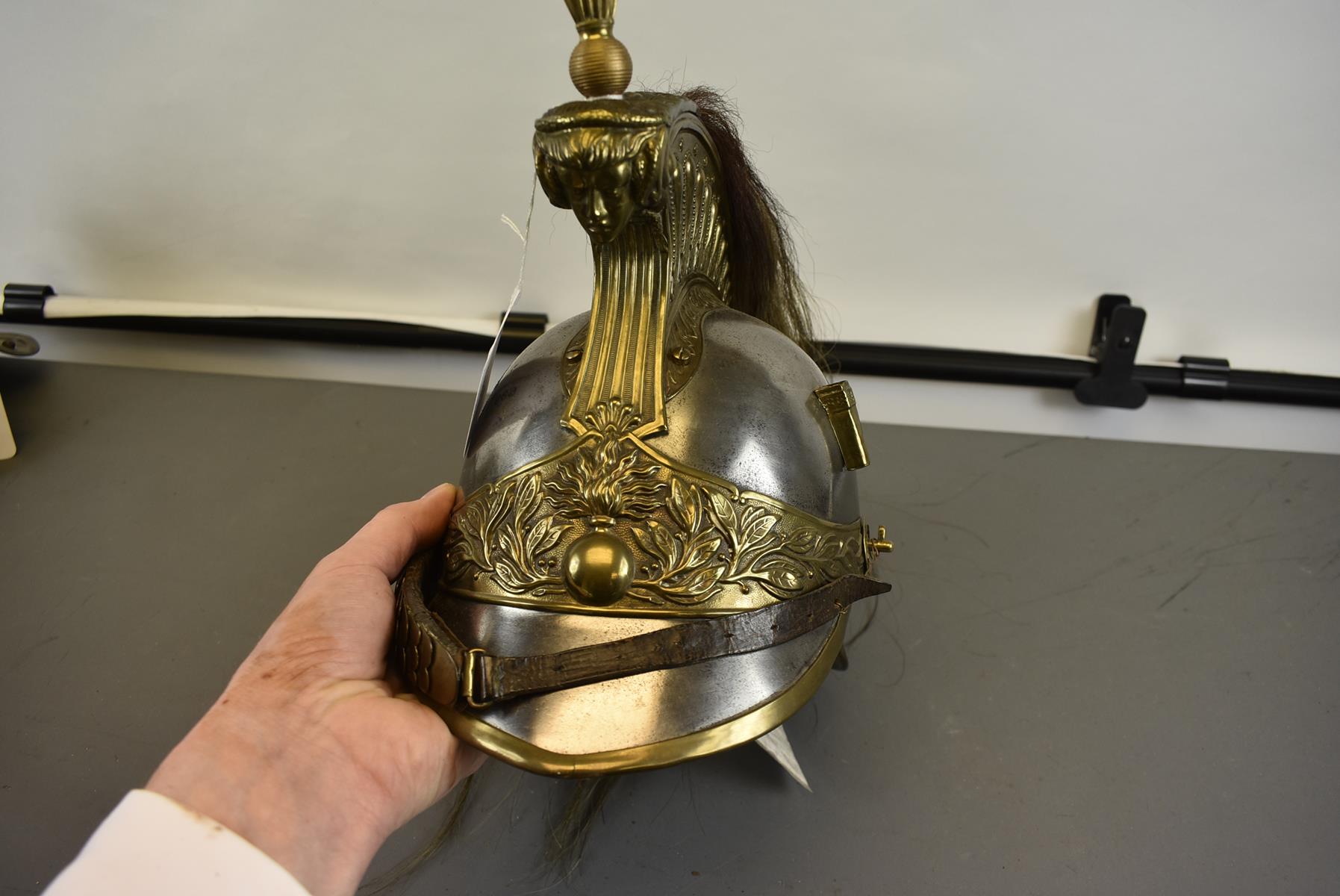 A FRENCH HEAVY CAVALRY TROOPER'S FULL DRESS HELMET. The steel skull embellished with brass fittings, - Image 3 of 9