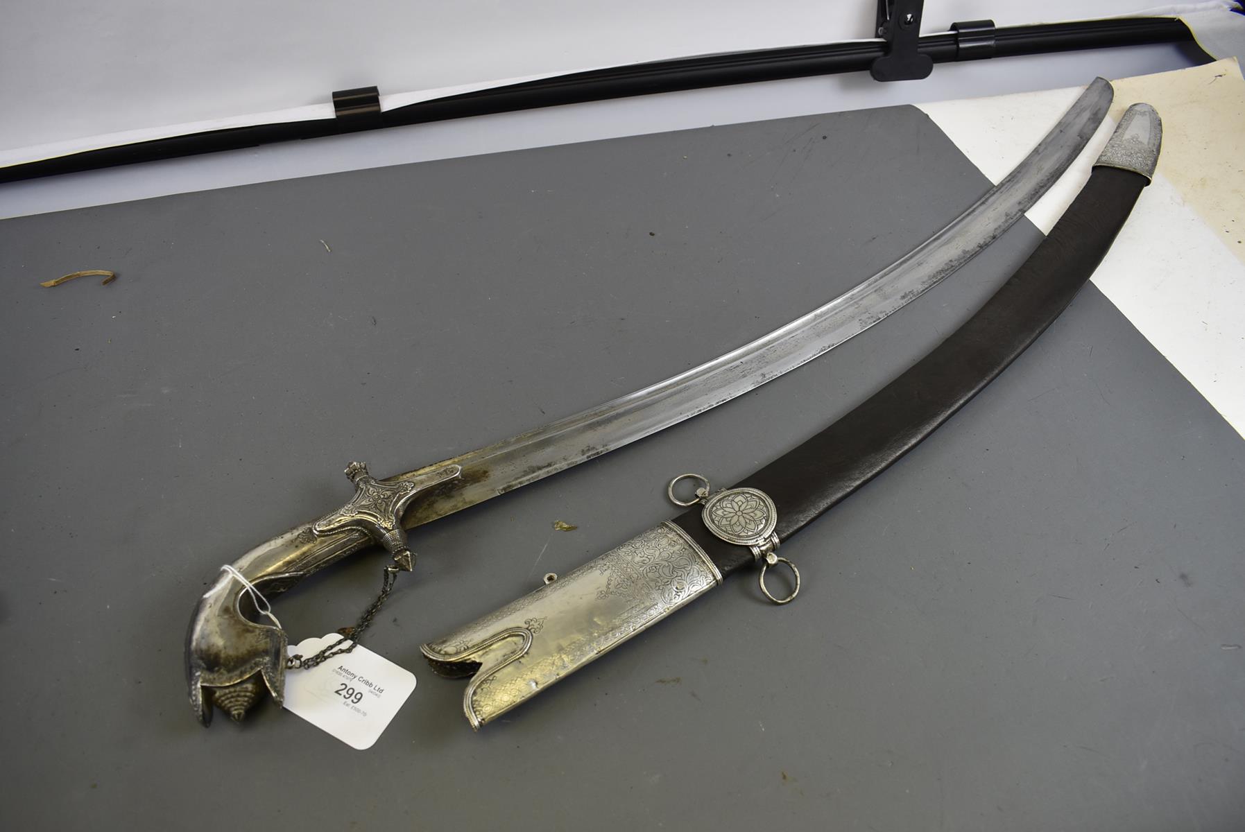 A 19TH CENTURY ARAB SAIF OR SWORD, 75cm double fullered blade, characteristic white metal hilt, - Image 4 of 14