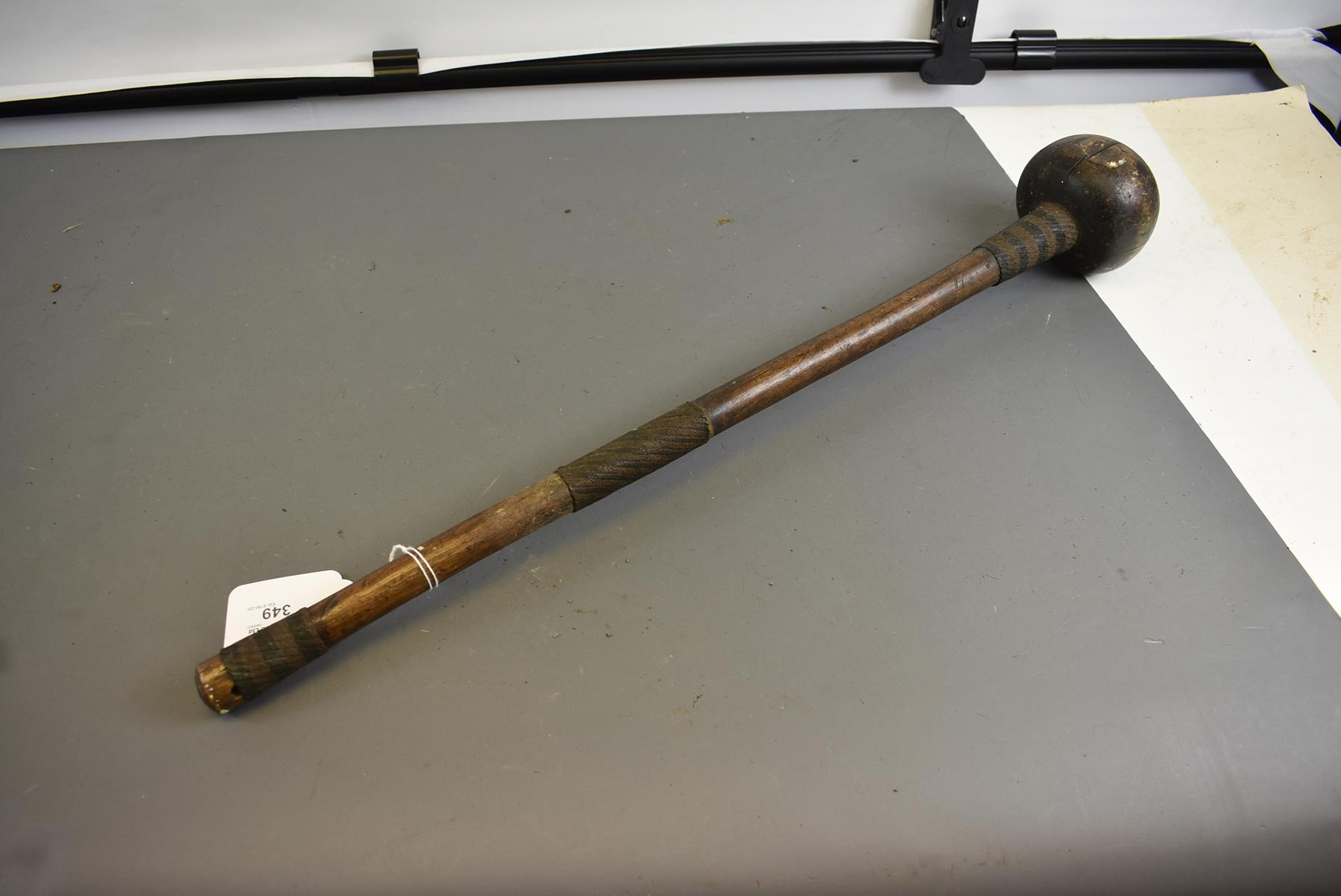 A 19TH CENTURY AFRICAN KNOBKERRIE OR TRIBAL CLUB, 10cm diameter spherical hardwood head, retaining - Image 2 of 8