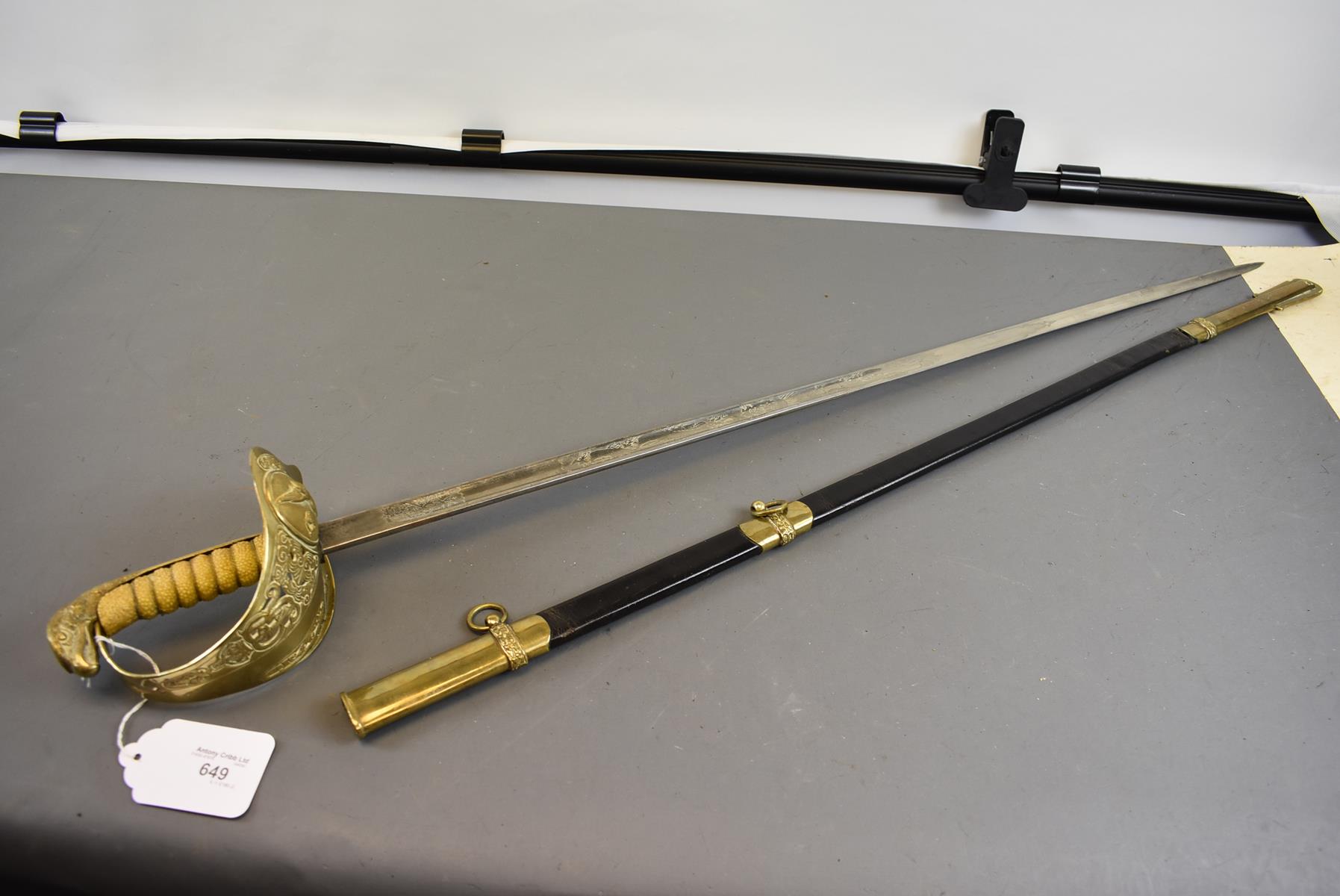 A GOOD COPY OF AN RAF SWORD, 83cm blade etched with scrolling foliage, Royal arms and service badge, - Image 2 of 10