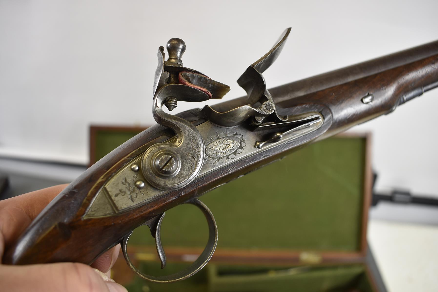 A CASED PAIR OF 18TH CENTURY 28-BORE FLINTLOCK DUELLING PISTOLS BY HARRISON & THOMSON, 9.5inch - Image 9 of 26