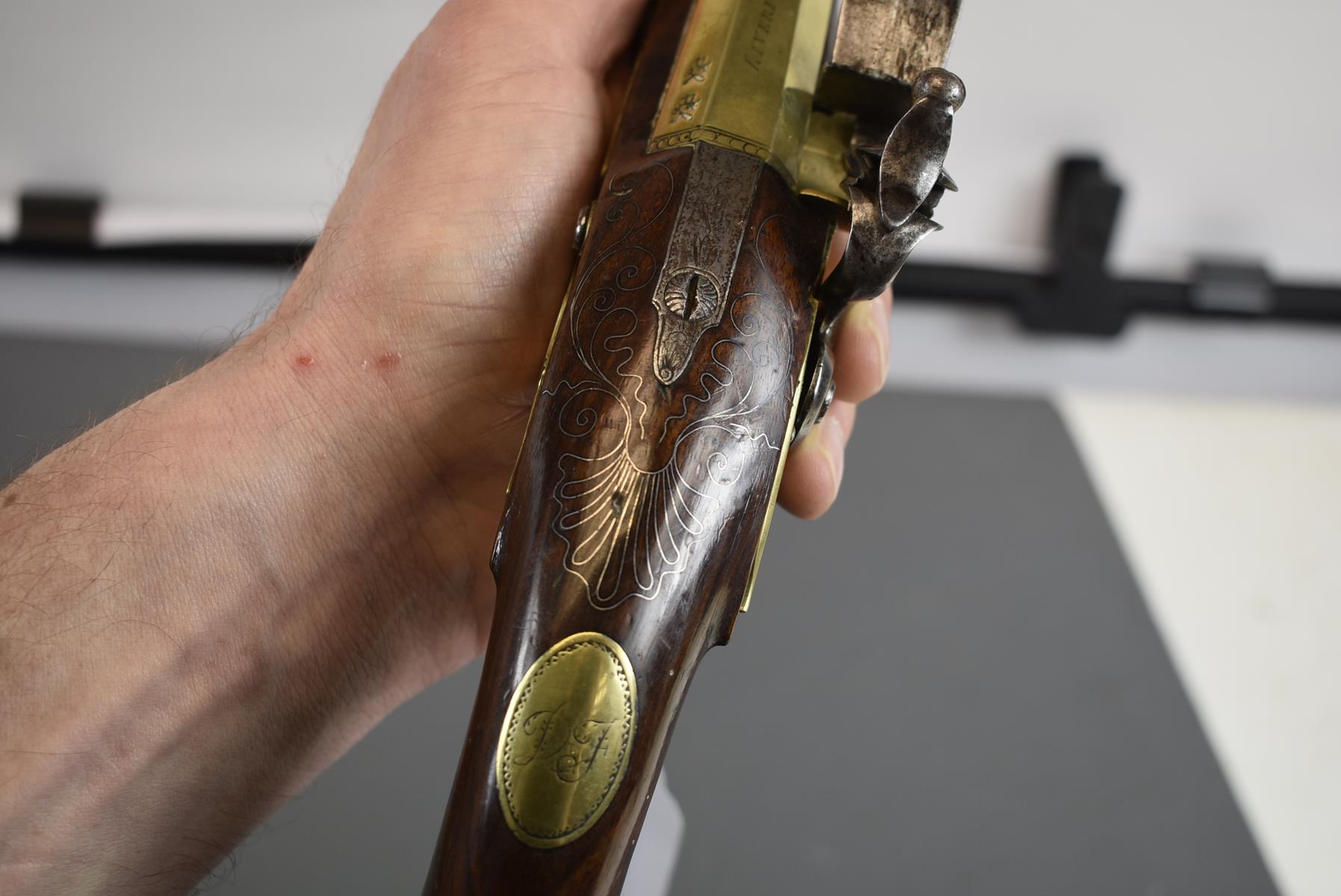 A FLINTLOCK BLUNDERBUSS HOLSTER PISTOL, 8inch two-stage brass barrel with ring turned flared muzzle, - Image 10 of 10